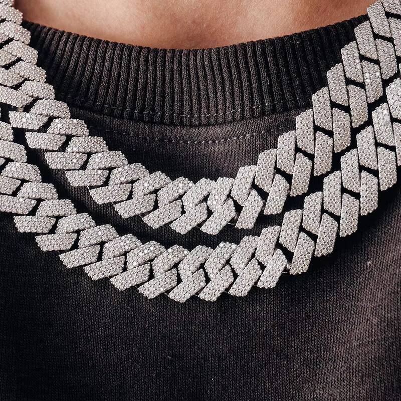 Hot Sale 15mm 3-Row Stone Moissanite Cuban Chain 925 Silver Mens Hip-Hop Fine Jewelry Mossinate Diamond Necklace Gift Couple