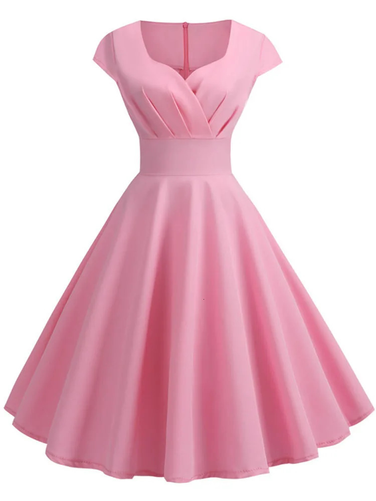 Pink Summer Dres V Neck Vintage Robe Elegant Retro pin up Party Office Midi Dresses 250717