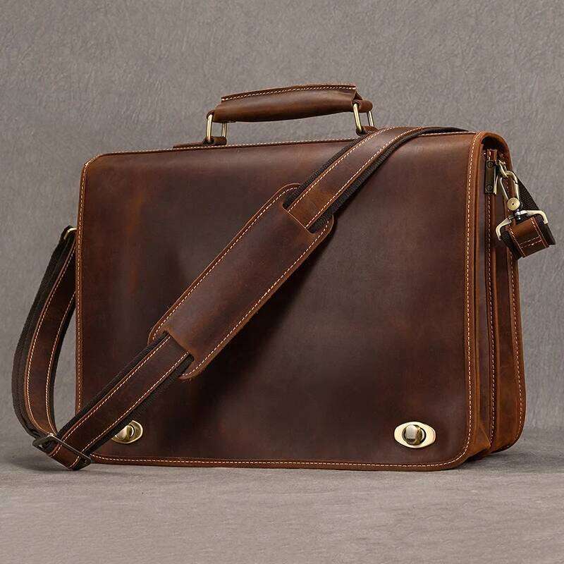 OLOEY Top Grade Thick Genuine Men 15" Laptop Cow Leather Business Bag Tote Man Briefcase With Shoulder Strap