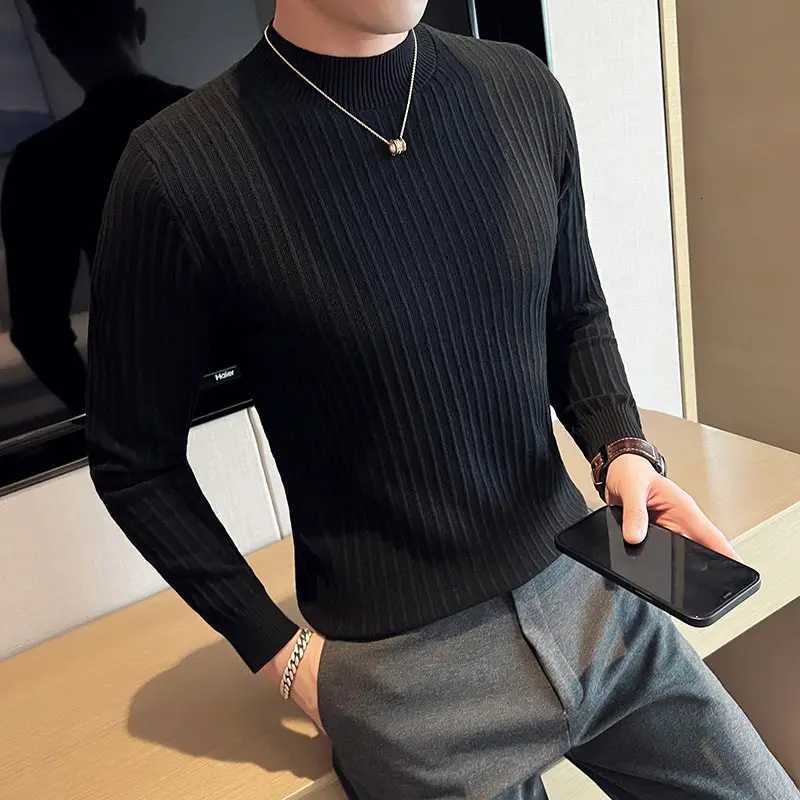 Plain Color Men Striped Sweater British Style Slim Fit Half Turtleneck Mens Casual Sweaters All Match Long Sleeve Pullovers Man Z250725
