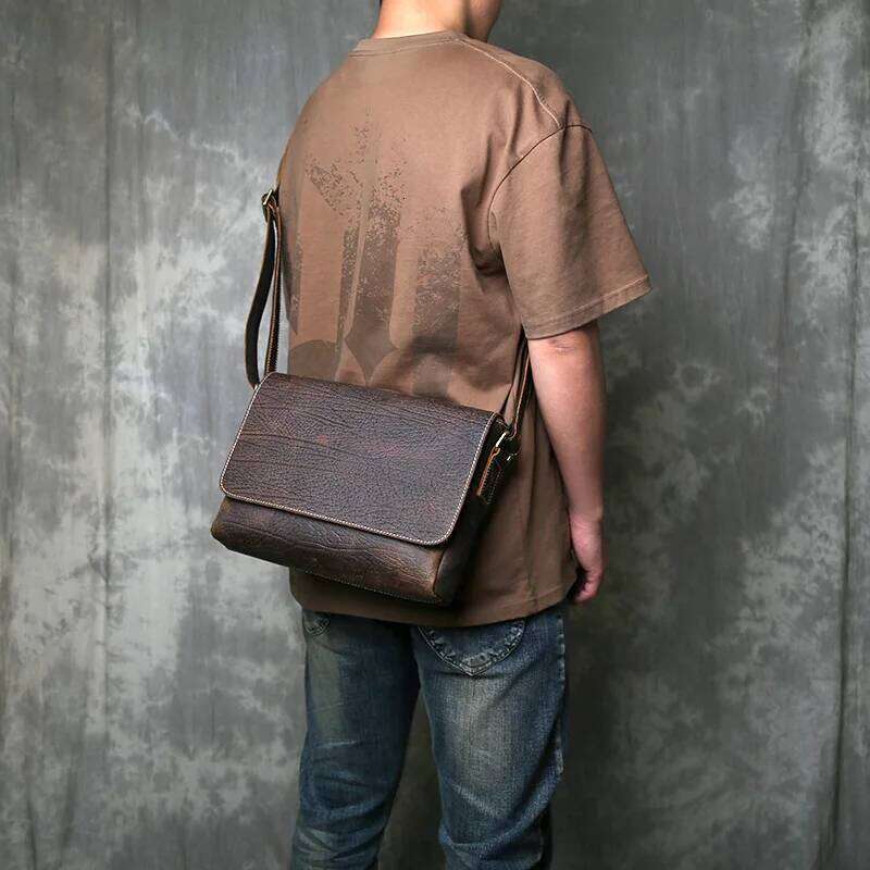 Men's Tree Patterned Retro Top Layer Cowhide Genuine Leather Luxury Bag Mailman Shoulder Crossbody Official Document Men Bag OLOEY