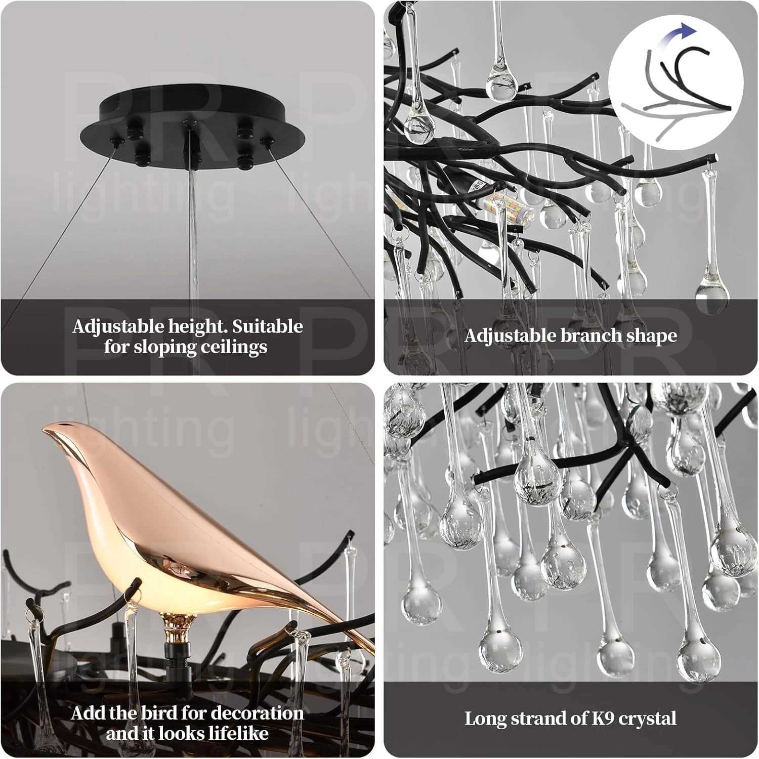 Modern Gold Crystal Tree Branch Chandelier Bird Raindrop Hanging Pendant Light Fixture for Living Dining Table Room Pendant LampXJ250725