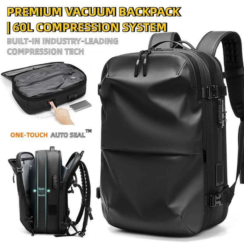 One Button Vacuum Business Backpack For Men Travel Laptop Bag +5in Expandable Water Resistant