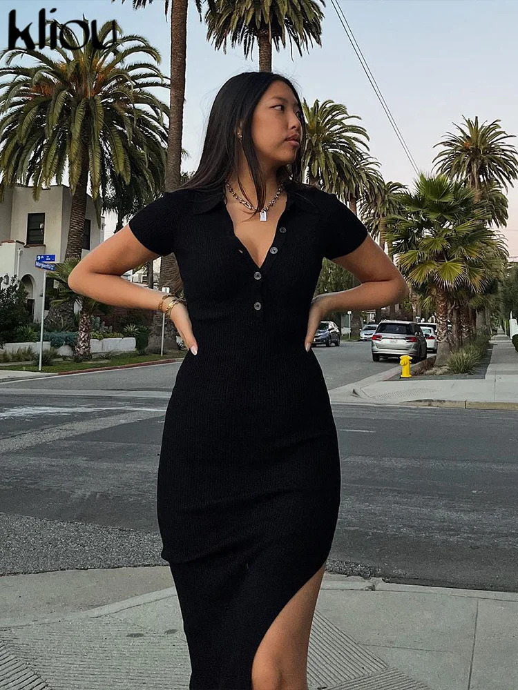 Kliou Elegant Office Lady Maxi Dres Solid Fashion Turndown Collar Short Sleeve Button Side Slit BodyShaping Street Robe 250717