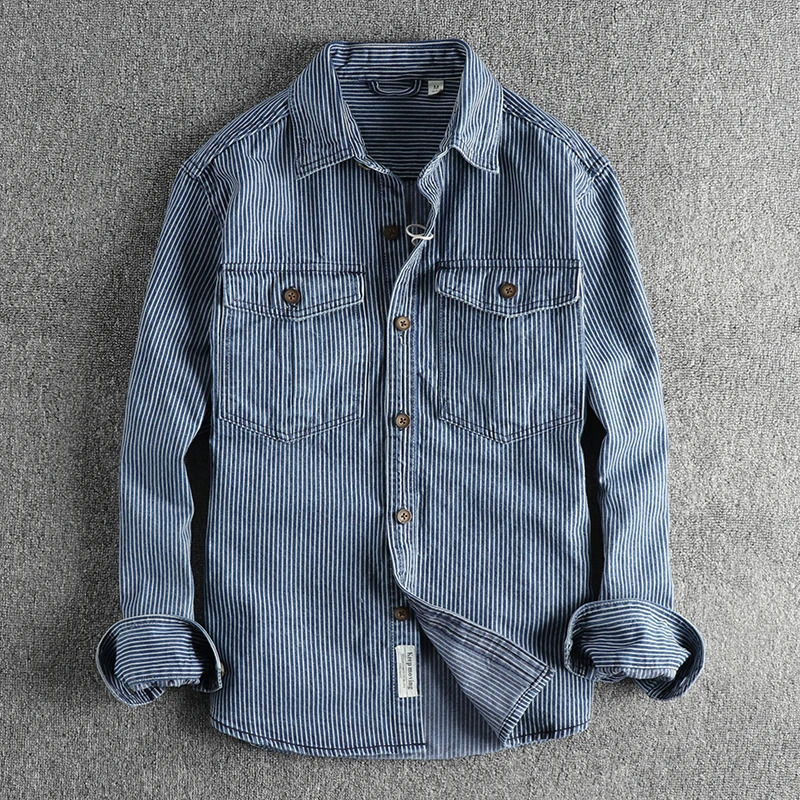 Yarndyed striped fabric washed to make old vintage cargo denim shirt for men European and American fashion casual coat 250725