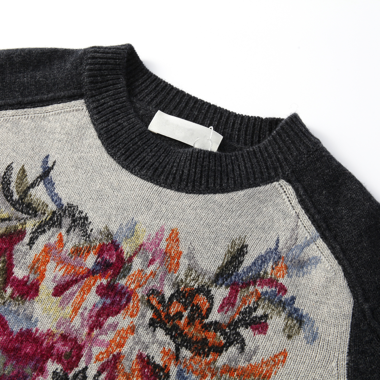 100% Cashmere Artistic Floral Jacquard Sweater Colorblocked Design Unique Top