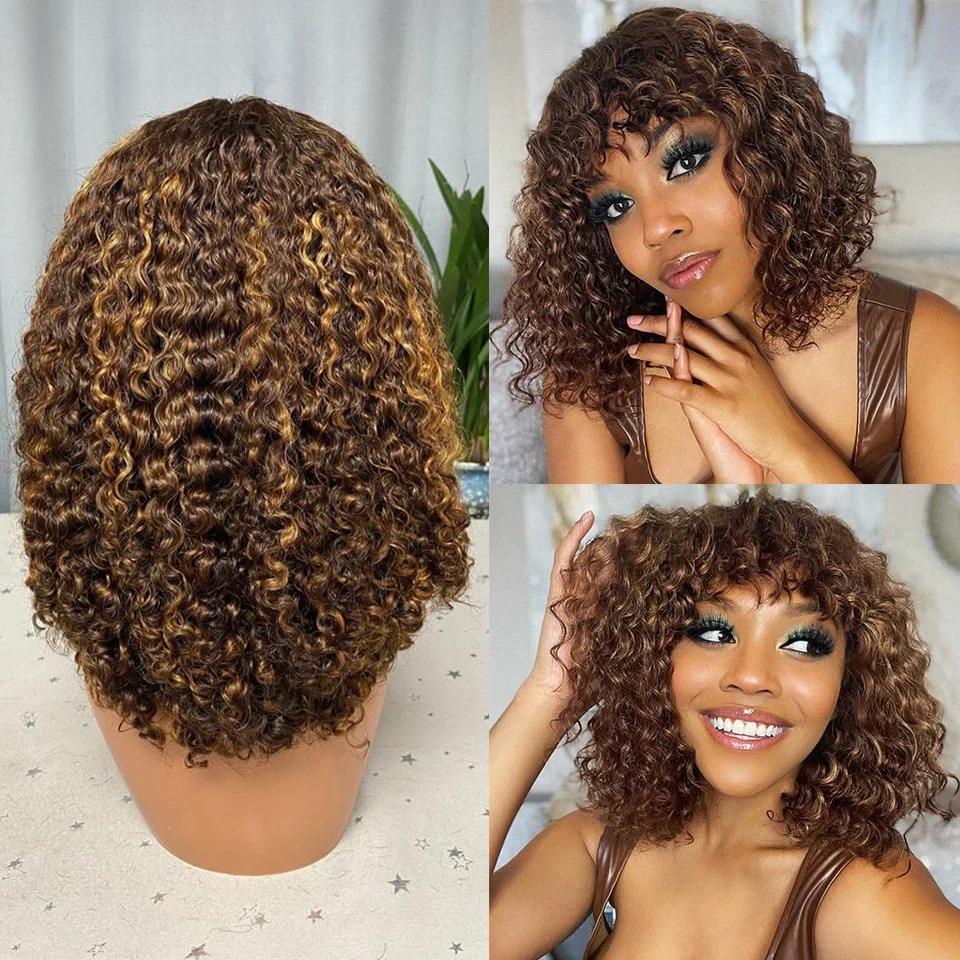 Lekker Colored Short Pixie Afro Kinky Curly Bob Human Hair Wigs With Bangs For Women Ready To Wear Ombre Brown Wigs Synthetic Wig