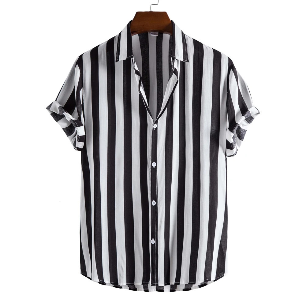 Summer Mens Shirts Striped Hawaiian Button Short Sleeve Plaid Red Top Beach Wear Black and White Shirt Clothing 250725