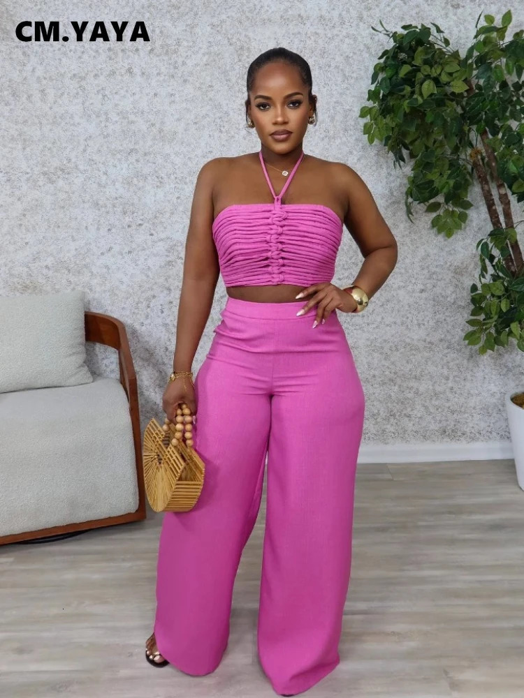 100% Cotton Womens Set Strapless Ruched Halter Top and Wide Leg Pants Suits Street Party Two 2 Piece Sets Outfits Tracksuit 250723