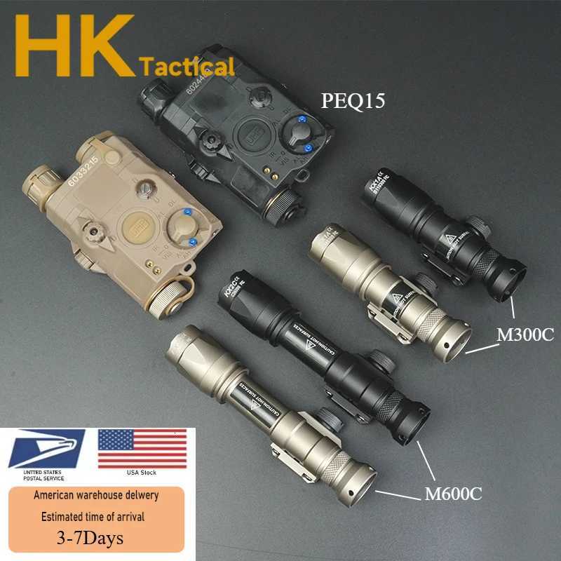 300C 600C 600 Airsoft Flashlight Tactical Torch Rifle Hunting Weapon Scout Light PEQ15 Red Dot Indicator Fit 20mm Rail W250722