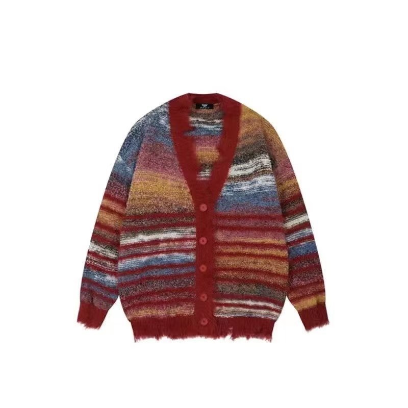 Autumn New Lazy Style Rainbow Color Block Sweater Knitwear Couple Cardigan Jacket Trendy