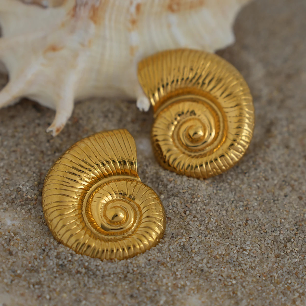 18K Gold Plated Stainless Steel y Conch Stud Earrings Metal Texture Water Resistant Hypoallergenic Fine Polished Jewelry 250715