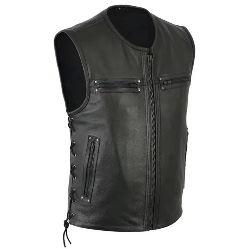 2023 Solid Color Mens Vest Motorcycle Standing Collar PU Leather Jackets Team Punk Sleeve Tops Male Large Size 5XL 250725