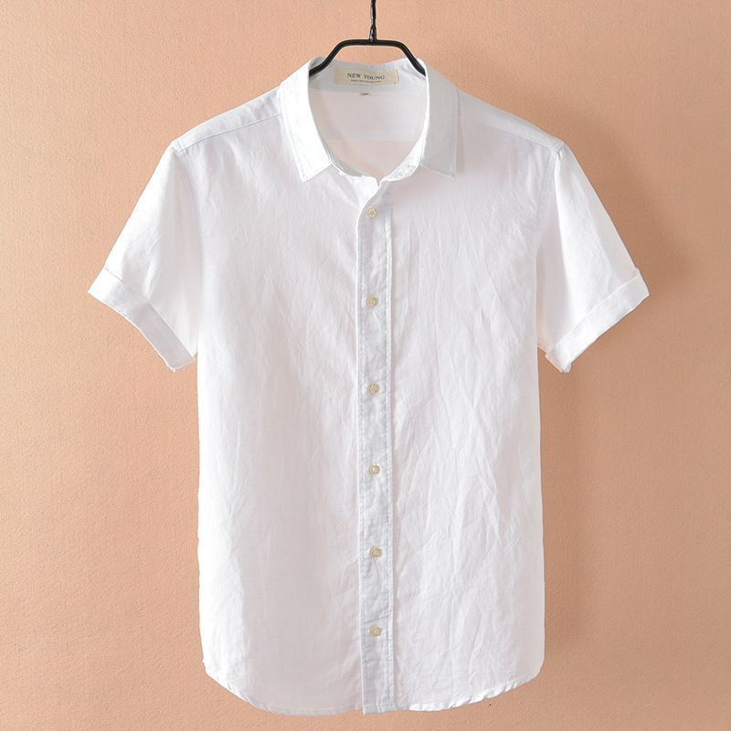 Breathable Shirt Men's Short Sleeve Slim Fit Top Summer Thin Turn-down Collar Youth Cotton Linen Casual White Mengyu