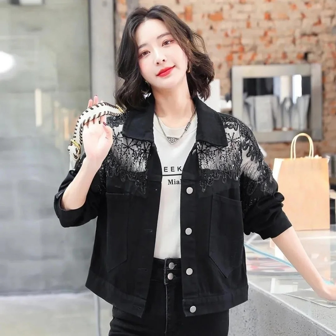 Diamond Denim Jacket Womens Clothing Spring and Autumn Lace Embroidery Cropped Denim Coat Korean Loose Fashion Retro 250725