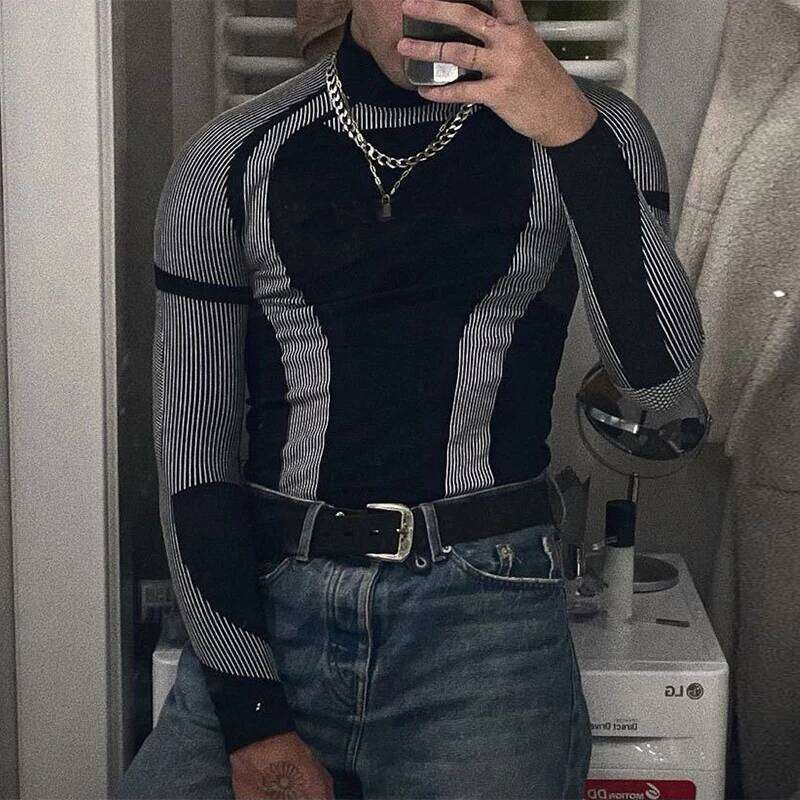 New Arrivals Mens T-Shirts Fashion Pattern Print Long Sleeve Turtleneck Tee Shirt 2022 Autumn Trend Men Slim Fit Tops Streetwear