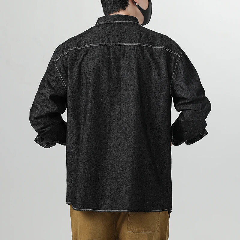 Mens Clothes Cotton Denim Shirts Long Sleeve Blue Black Pockets Button Drop Shoulder Casual Cowboy Coat Loose Work Male Shirt 250725