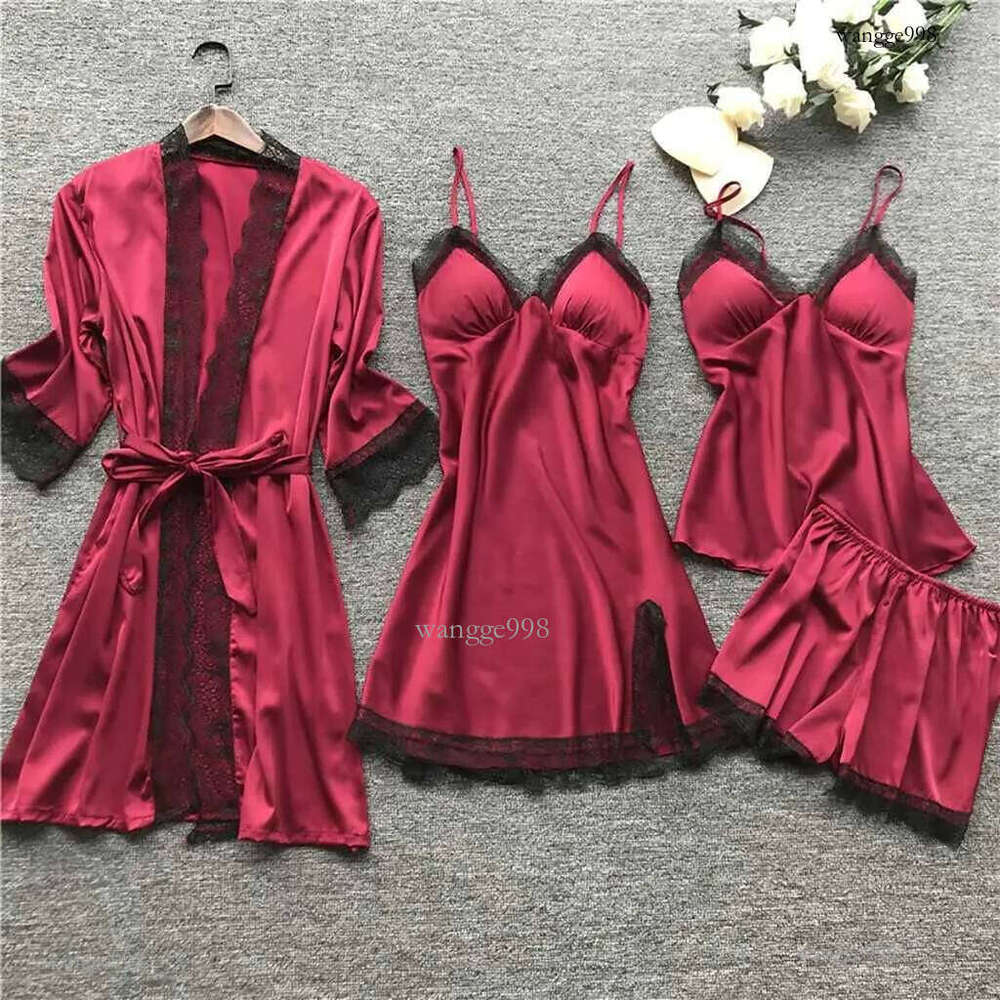 Lace Silk Pajamas Set Nightdress Sexy Lingerie Robe Women Sleepwear 4 Pieces Suits Sleeping Top And Shorts Femme Pijama Mujer PjT250305
