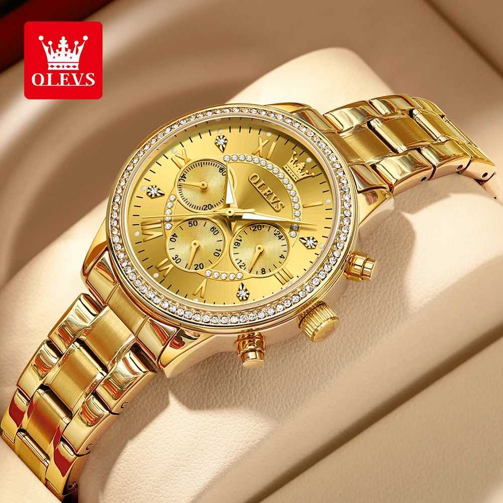 OLEVS Wens Quartz Watch Luxury Diamond Dial Gold Stainless Steel Waterproof Classic Three Small Dials Watch for Wen New In X250726