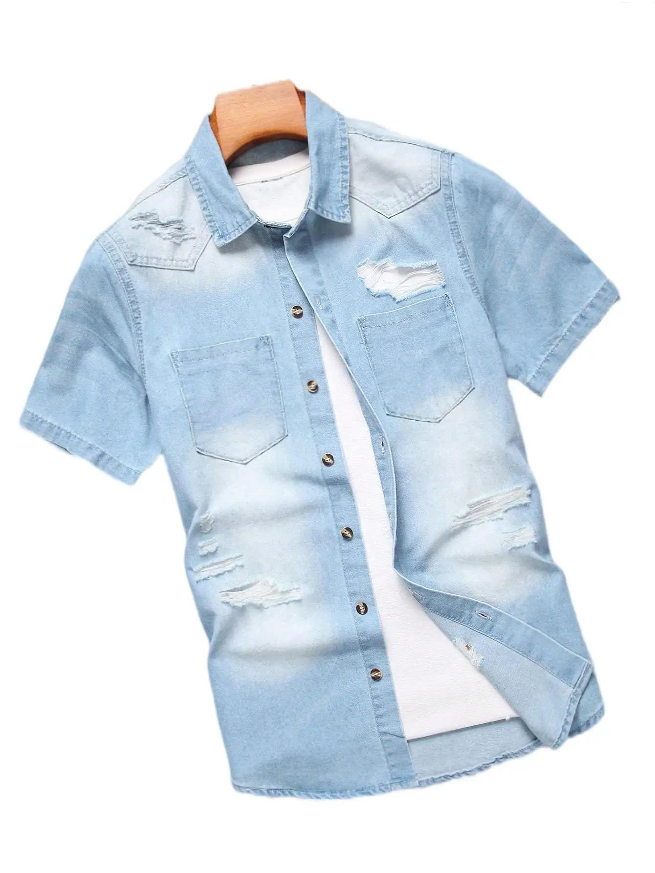 Mens summer blue shortsleeved denim shirt Regular size Casual trendy street style 250725