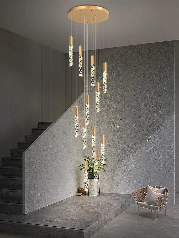 Crystal Staircase Pendant Lamp Modern Gold Lighting Fixture Ceiling Hanging Pendant Light Chandelier Indoor Villa Loft Stair ChandelierXJ250725