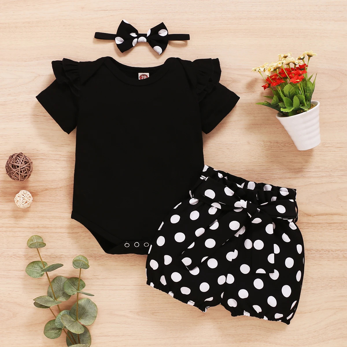 018 Months Infant Baby Girl Set Black Short Sleeve BodysuitPolka Dot ShortsHeadband Toddler Summer Fashion 3PCS Clothing 250725