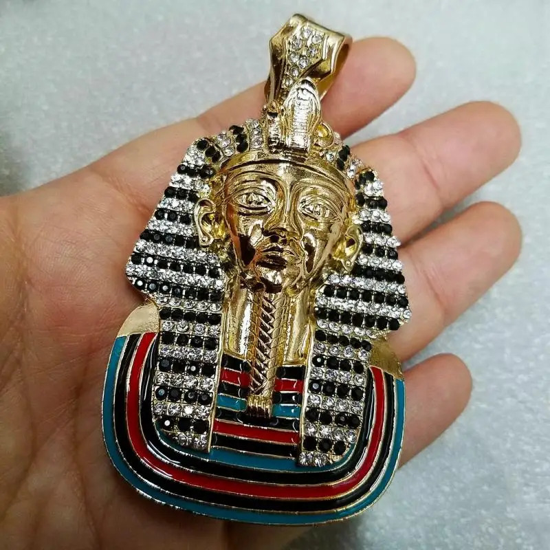 Egyptian Iced Out Bling Pharaoh Pendant Necklace Inlay White Zircon Gold Color Stainless Steel Necklace For Men Egyptian Jewelry 250724