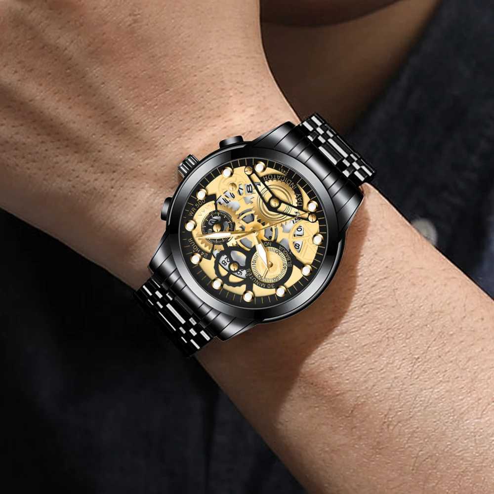 Mens Business Watch Skeleton Design Fashion Mechanical Style Stainless Steel Quartz Movement Waterproof Mens Wristwatch X250726