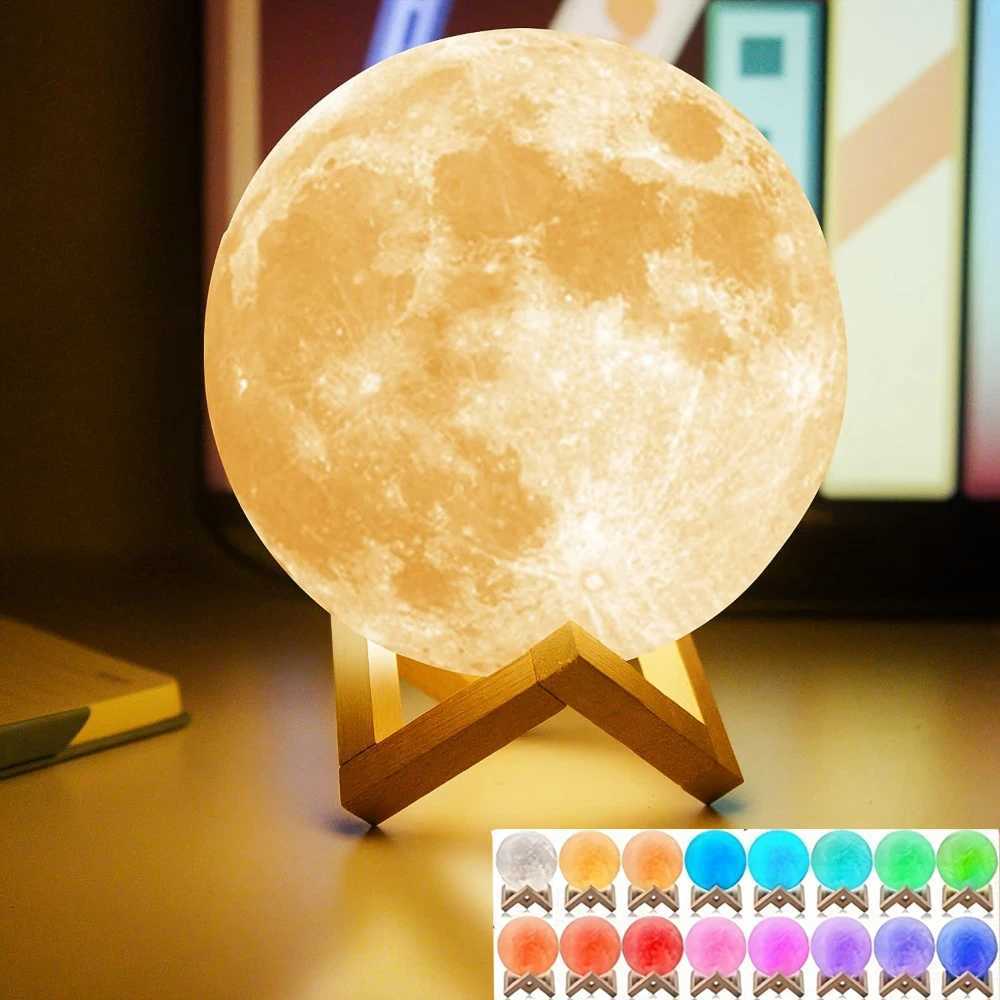 16 Colors 3D Printed Moon Lamp USB Plug LED Night Light with Wooden Stand Remote Control Adjustable Brightness Table Light XJ250725