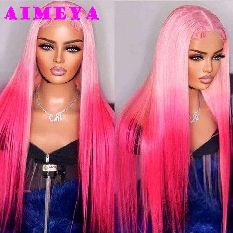 AIMEYA Ombre Synthetic Lace Front for Women 13x4 Platinum Blonde Roots Pink Wig Long Silky Straight Colorful Wigs
