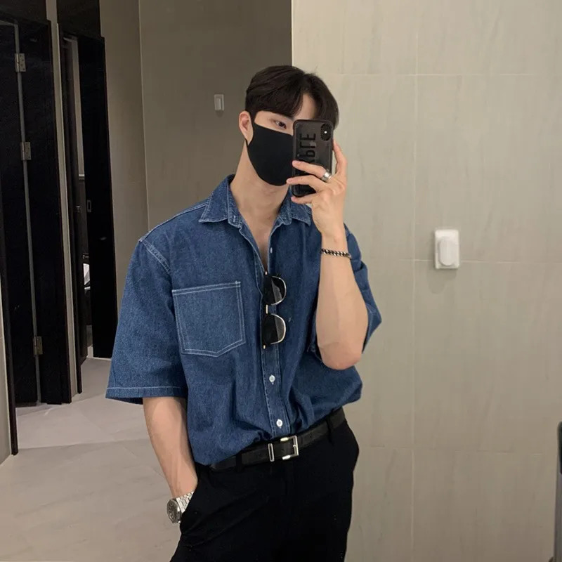 Summer Mens Clothing Denim Shortsleeved Pocket Shirt Leisure Buttondown Korean Streetwear Stylish 250725