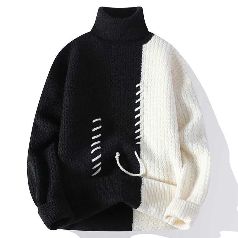 Autumn Winter Mens Knitted Turtleneck Sweater Fashion Patchwork Casual Knit Pullovers Men Loose Warm Pull Sweaters Streetwear Z250725