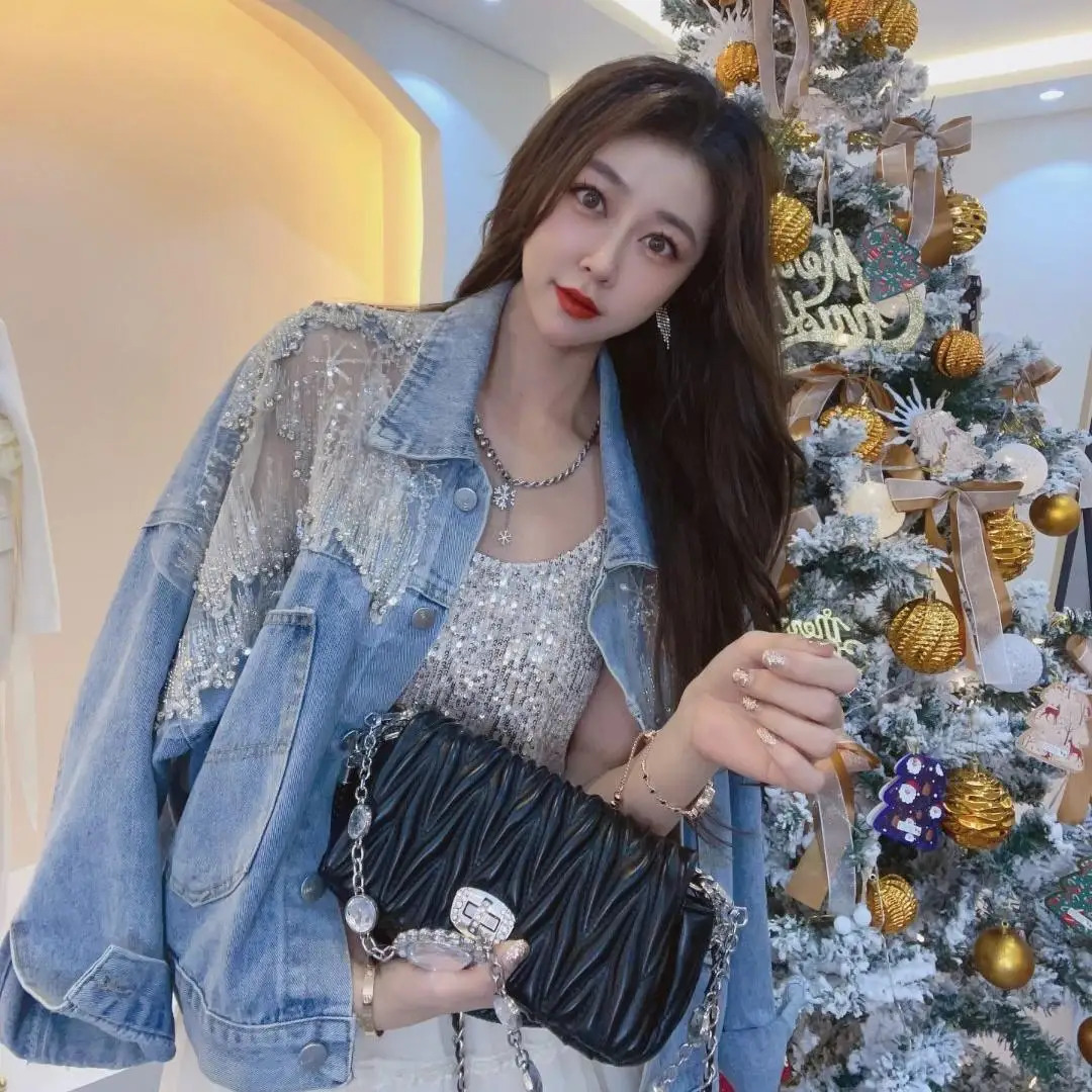 Diamond Denim Jacket Womens Clothing Spring and Autumn Lace Embroidery Cropped Denim Coat Korean Loose Fashion Retro 250725