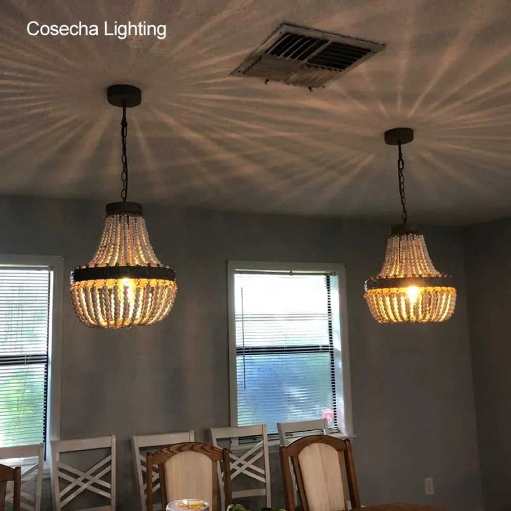 French Antique White Wood Bead Chandeliers Vintage Gray Beaded Farmhouse Chandelier Lighting Bedroom Dining Room Retro LightXJ250725