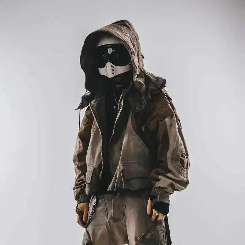 Mens Hooded Distressed Patchwork Folded Jackets Waste Soil Style Tactical Techwear Shoulder Batwing Sleeve Coat 250725