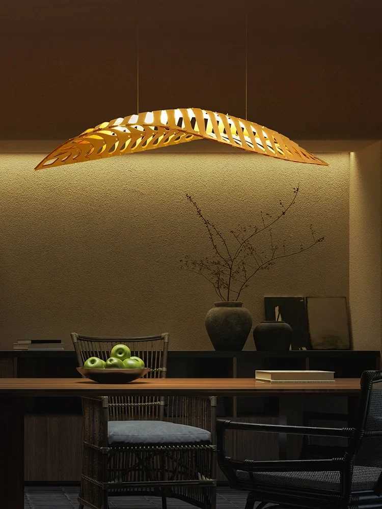 Nordic Wabi Sabi Fish Bone Wood Ceiling Pendant Light Home Decor Living Room LED Chandelier Bar Cafe Hanging Lamp Lustre Fixture XJ250725