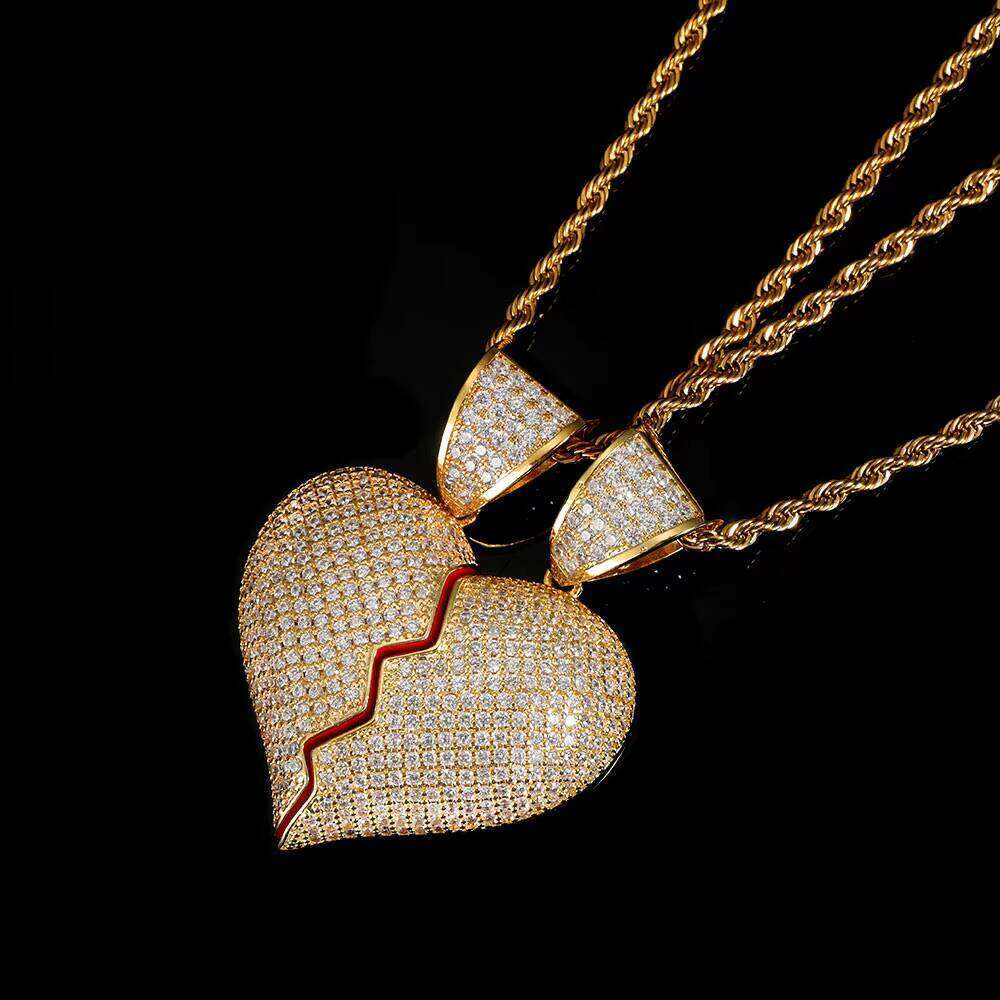 Hip Hop Iced Out Drop Moissanite Broken for Couples Half Heart Couple Necklace