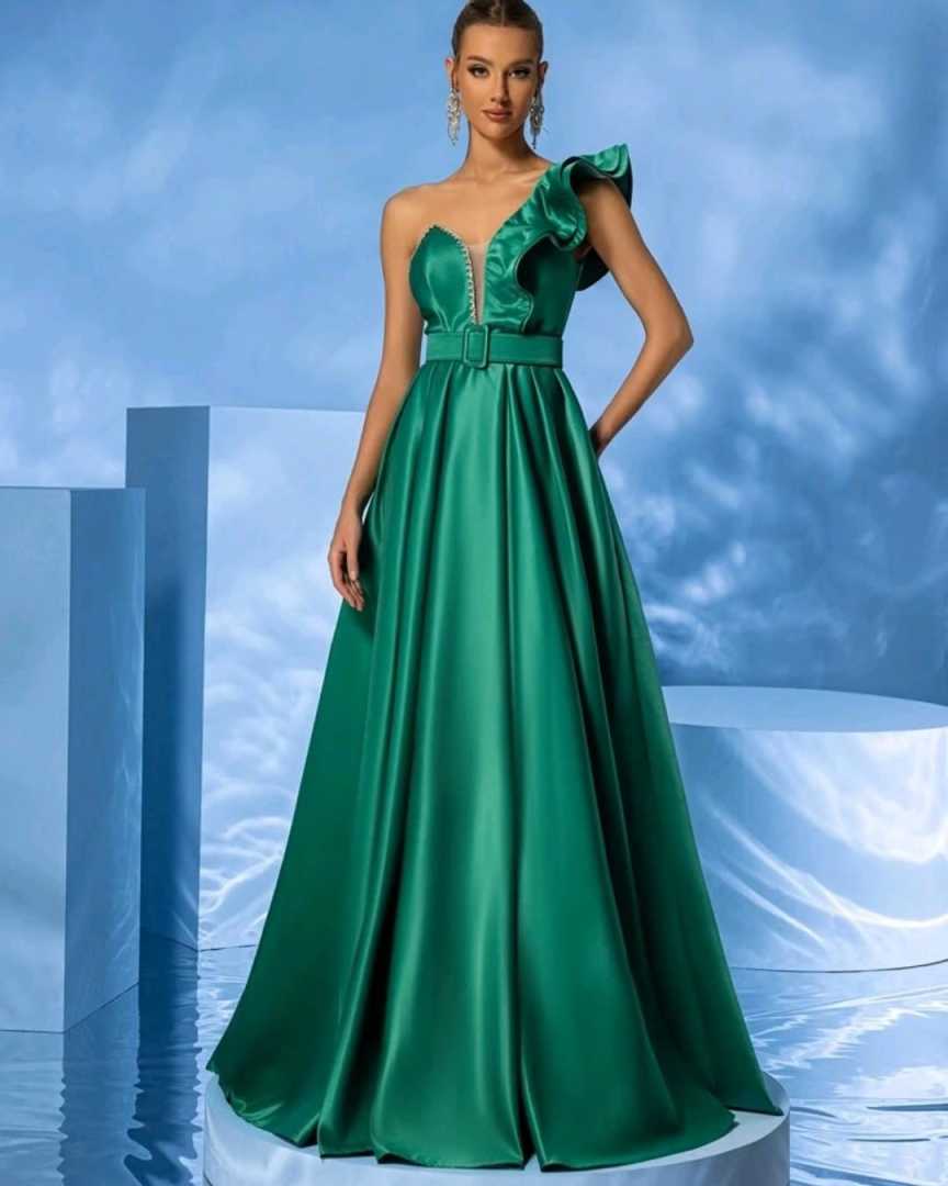 Elegant Green Evening Dresses Satin One Shoulder Sleeveless Crystal A-line Women Formal Party Prom Gowns Customised