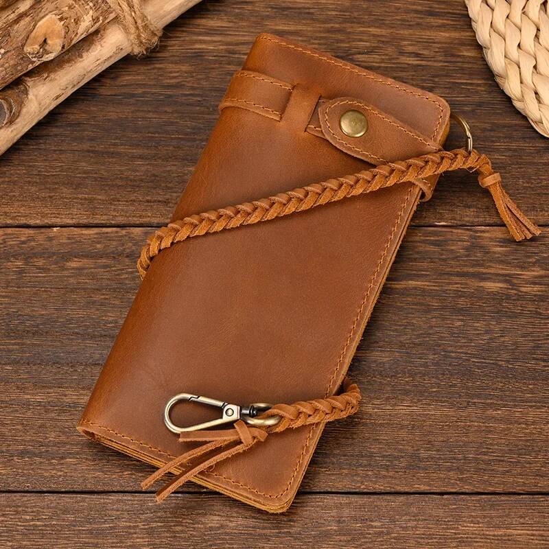 Fashionable Long Wallet With Braided Strap Genuine Leather 2 Folds Cell Purse Coin Inner Zip Clutch Phone Pouch
