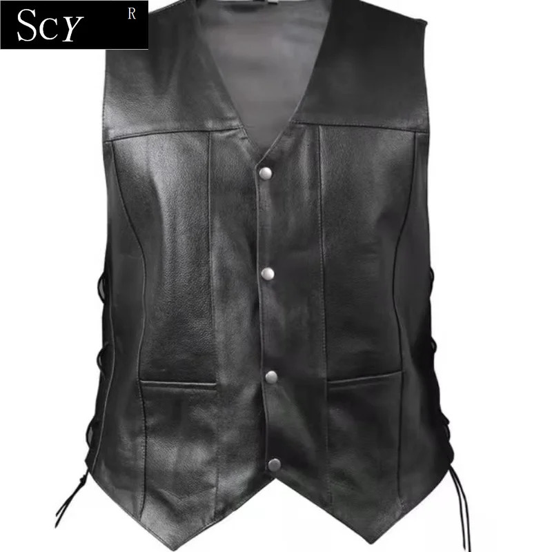 Men Side Lace Denim Style Biker Motorcycle Leather Vest Gun Pockets 250725