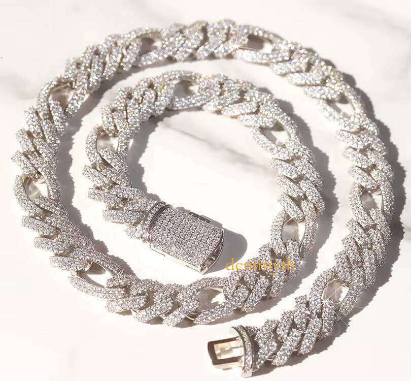 Custom Bling Moissanite Sterling Sier Chain with Ice Dia Cuban Link 13mm 2rows Gold Plated Hip Hop Necklace