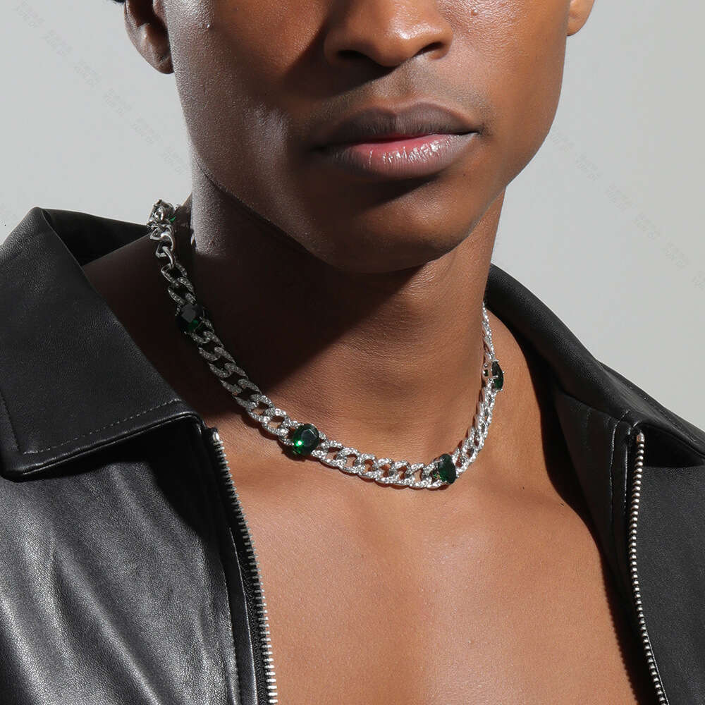 Hip Hop Emerald Oval High-end Exquisite 9mm Zircon Cuban Chain Necklace Men's Cool Jewelry