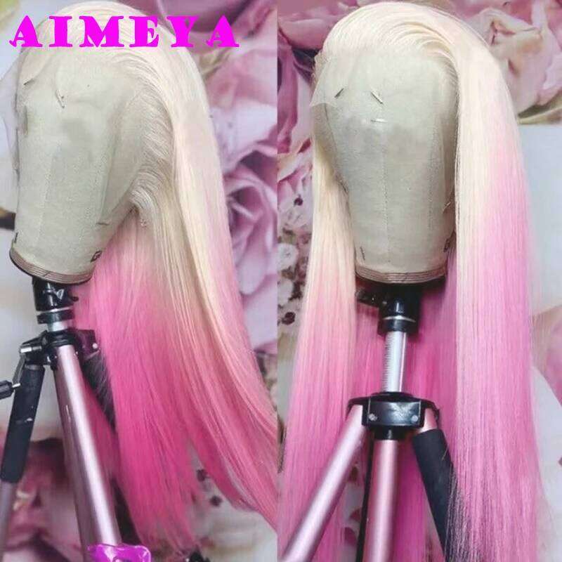 AIMEYA Ombre Synthetic Lace Front for Women 13x4 Platinum Blonde Roots Pink Wig Long Silky Straight Colorful Wigs