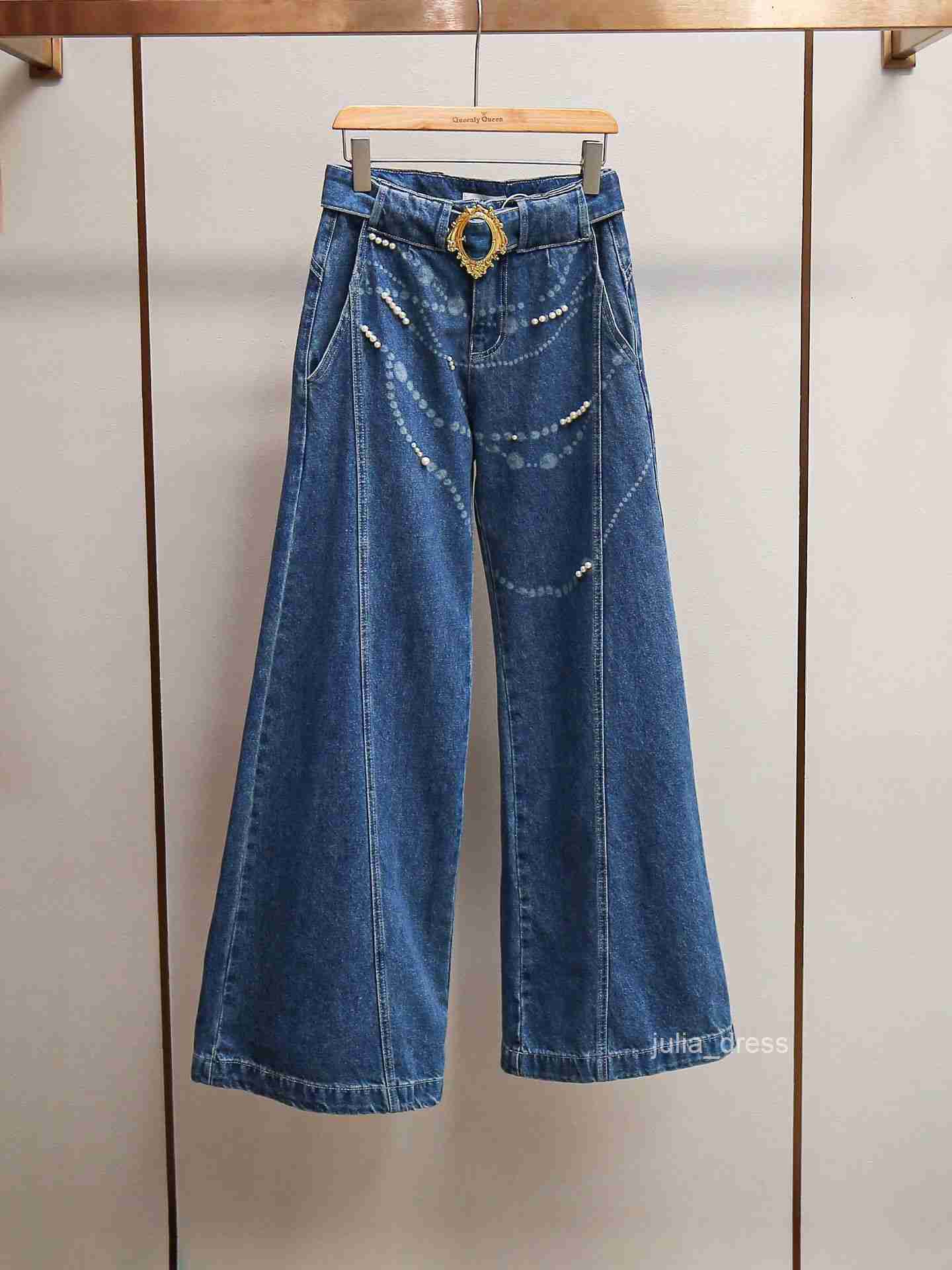 Womens Fashion Modern Pearl Chain Denim Jacket + Wide-Leg Pants + Skirt