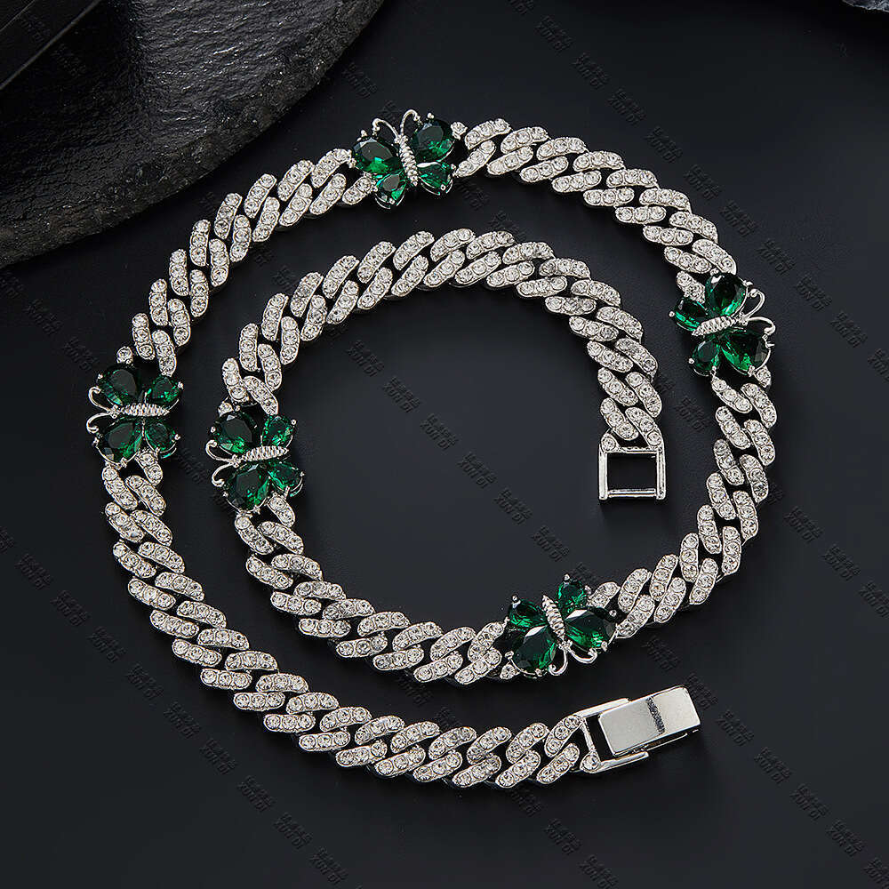 Butterfly Necklace Hip-Hop Jewelry Emerald Alloy Rhinestone High-End Versatile Electroplated Cuban Chain