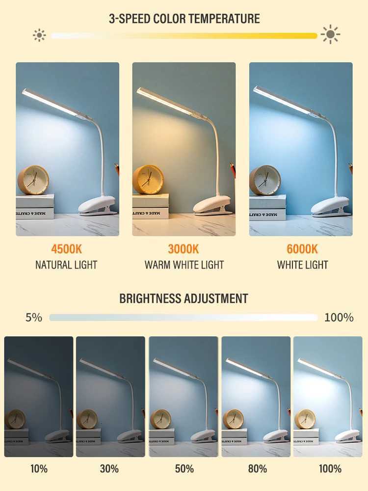 LED Double-headed Reading Table Lamp with Clip Touch Control Dimmable Light Eye Protection for Bedroom Dormitory Study Office XJ250725