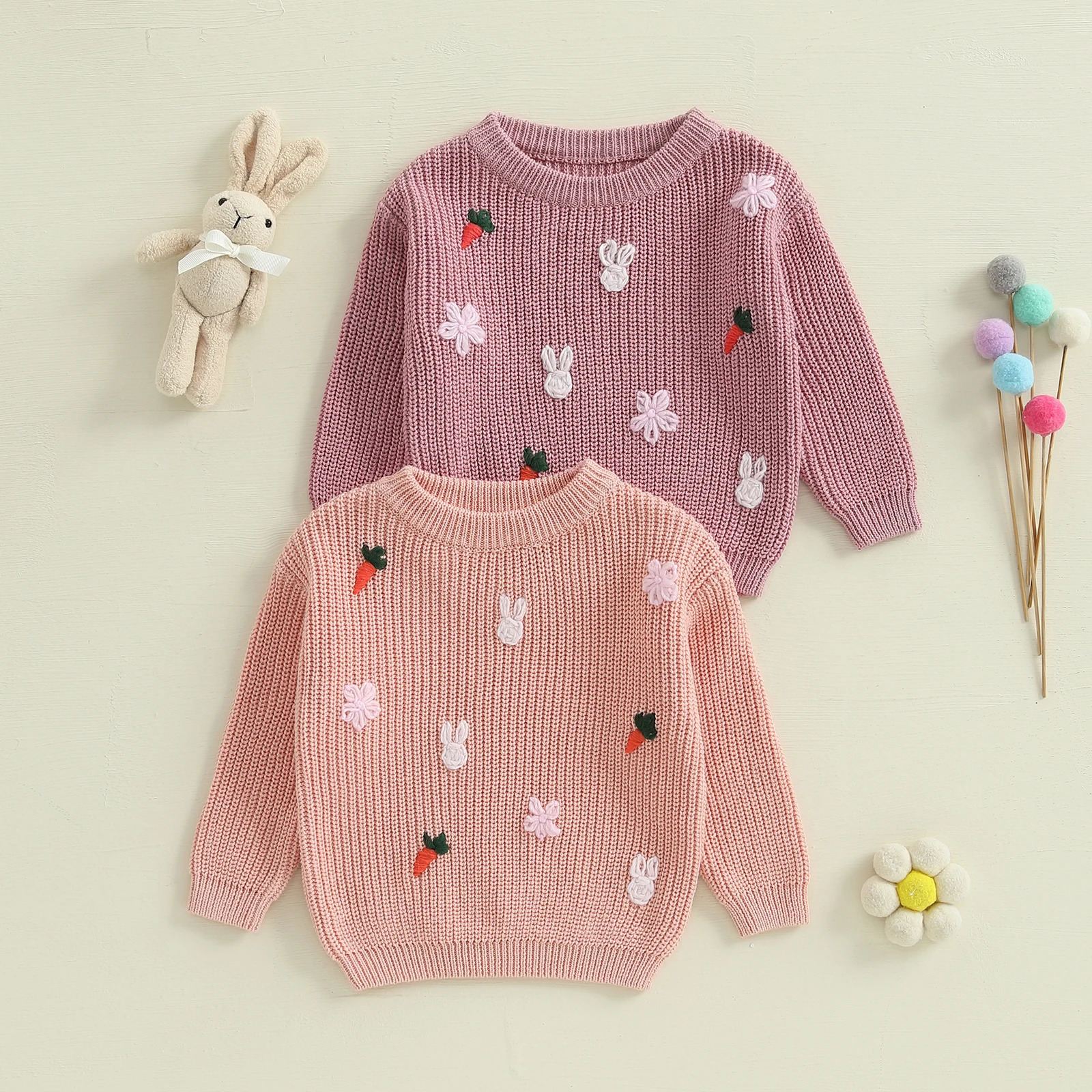 FOCUSNORM 0-4Y Little Kids Girls Knit Easter Sweater 2 Colors Long Sleeve O Neck Rabbit Carrot Embroidery Pullover Knitwear Tops 250725