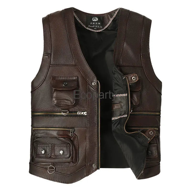 2024 Autumn Winter Leather Vest Mens Zipper Waistcoat Steampunk Sleeveless Motorcycle Jackets Casual Multiple Pockets Coat 250725