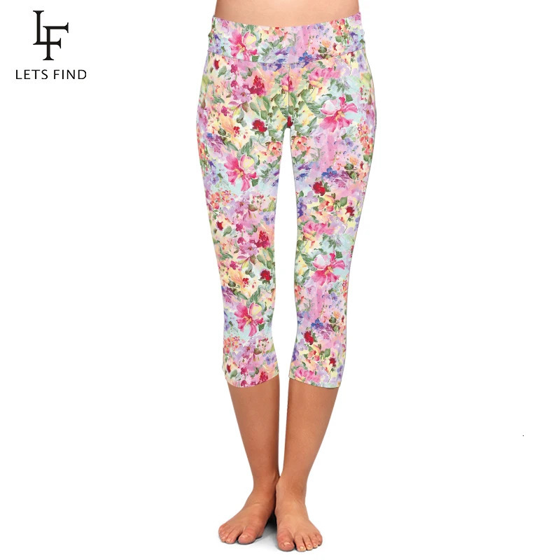 LETSFIND Summer Hand Drawn Floral Print High Waist Women Legging Fitness Sexy Stretch Slim MidCalf 34 Leggings 250725