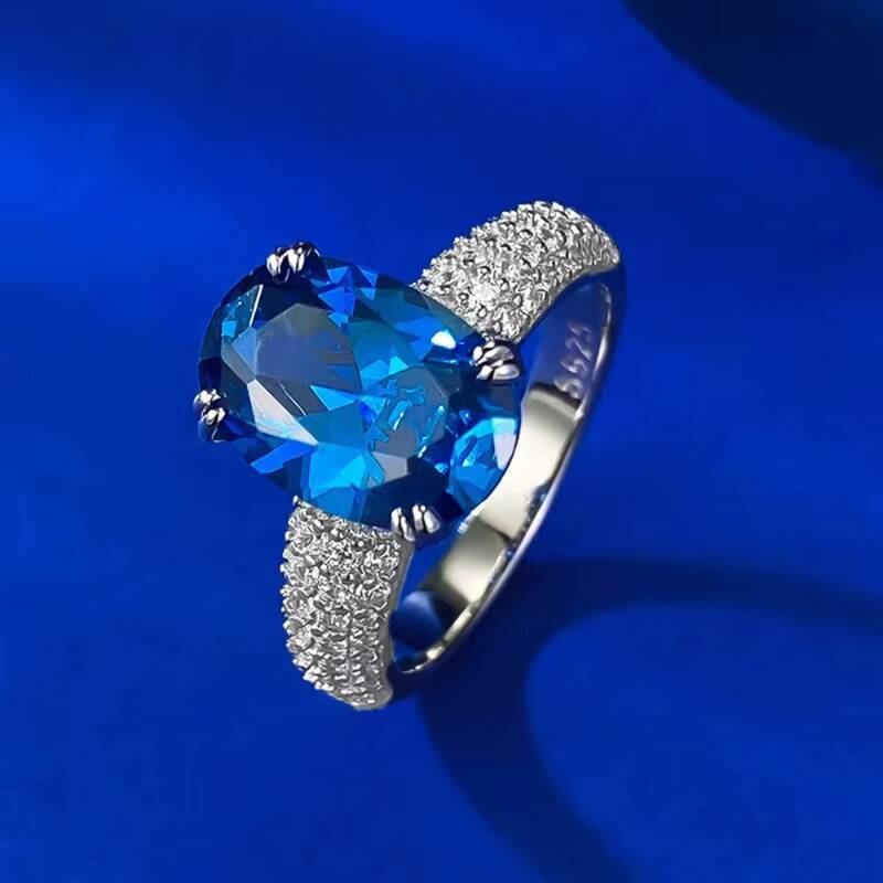 MEENOY Wholesale Price Sterling S925 Silver Micro Inlaid Zircon Jewelry Oval Blue Sapphire Wedding Ring